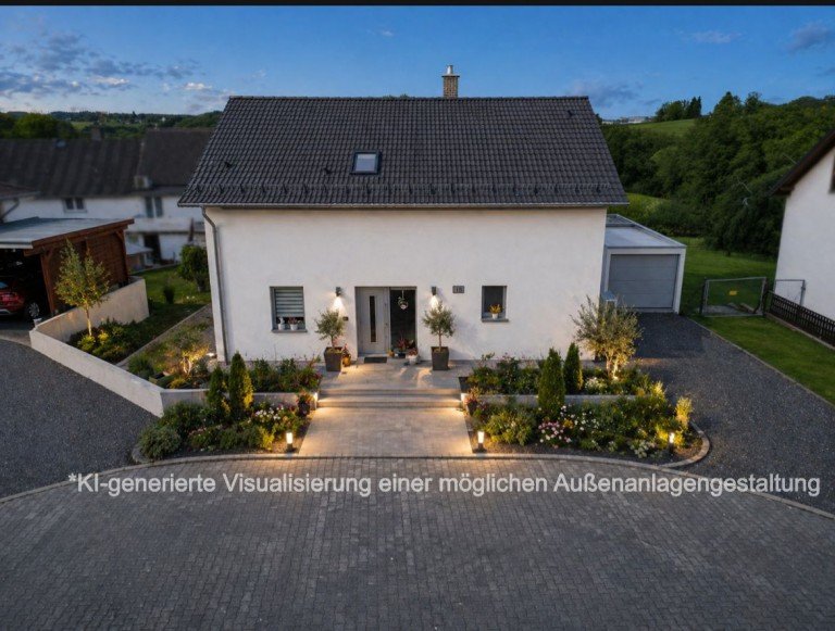 *Ki-generierte Au�enanlage Vettelscho� Einfamilienhaus Design-Neubau mit Weitblick, Modernes Familienidyll mit grenzenlosem Potenzial